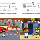 Zwei Szenen zeigen ein Feuerwehreinsatz. Links löscht ein Feuerwehrmann ein Feuer, rechts bedankt sich der gerettete Gemüsehändler.