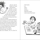 Textauszug beschreibt Namensdiskussionen; links eine Frau mit erhobener Faust, rechts eine Beamtin mit Stempel am Schreibtisch.