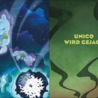 Text: "UNICO WIRD GEJAGT". Links schlummern Einhörner in einer fantasievollen, sternenklaren Umgebung.