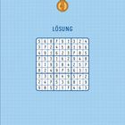 Text: "LÖSUNG". Ein Sudoku-Rätsel ist gelöst. Über dem Rätsel hängt eine Medaille mit der Nummer "1". Blaue Hintergrundtextur.