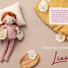 Text: "Wenn der Abend sich über das Land legt...", "Schlaf gut, kleine Liesel!". Häkelpuppe mit Ente und Kissen.