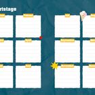 Illustration mit zwölf Monatsfeldern für Geburtstage, bunte Dekorationen wie Eis, Herz, Sterne und Kuchen.