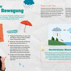 "Wasser in Bewegung" erklärt den Wasserkreislauf durch ein Experiment. Links eine Person, rechts eine Illustrationsgrafik.