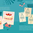 Kapitel 10-11: Texte zu Schuppen, einer Erdbeertorte und Entwürfen für Maistangen. Bilder von Torten und Notizzetteln mit Blumendekor.