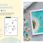 "BUNTE SÜDSEEBOOTE" und Anleitung. Links: Materialliste, rechts: Bild von Strand und drei bunten Booten im türkisfarbenen Wasser.