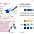 "Aquarellfarben", "#5 Tipp: Näpfe vs. Tuben", "Konsistenz von Aquarellfarben". Text über Aquarelltechniken auf Buchseiten.