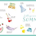 Texte: Eis essen in der Sonne, Picknick im Park, luftige Kleider. Bunte Sommerillustration mit Eis, Kleid, Fahrrad.