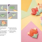 Anleitung zum Falten von Origami-Blüten in sechs Schritten. Rechts farbenfrohe Origami-Blüten auf buntem Papier.