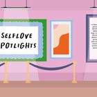 „Selflove Spotlights“ in großer Schrift, Text daneben über Selbstliebe. Galerie mit abstrakter Kunst in einem lila Raum.