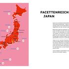 "FACETTENREICHES JAPAN. Das Bild zeigt eine bunte Karte Japans mit Regionen und Städtenamen. Rechts Informationstext."
