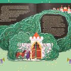 Es handelt sich um eine aufklappbare Illustration mit englischem Text. Ein Schloss ist von Dornen umgeben, vorne ein Ritter.
