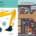 "Das ist ein Bagger. Diese Maschine wird zum Graben und zum Ausheben genutzt." Rechts eine Baustellen-Illustration.