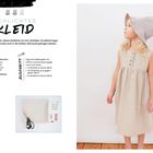 Links Anweisungen zum Nähen eines schlichten Kleides. Rechts ein Kind im beigefarbenen Kleid mit einem Hut.