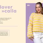 "Pullover 'calla'. Material: Gründl Dolce Alpaca, Häkelnadel 6,0 mm. Vorgehensweise: Rechtecke werden zusammengefügt." Auf der rechten Seite trägt eine Person einen gelb-rosé gestreiften Pullover vor einem lila Hintergrund.