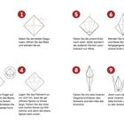 "Kranich", Schritte 1-9 erklären Origami-Falten, abschließend: Kraniche symbolisieren Glück, 1000 erfüllen einen Wunsch.