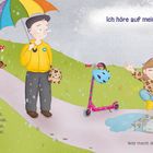 Texte: „Ich höre auf mein Herz.“ und „Der Regen prasselt, alles nass, mir macht das Wetter richtig Spaß…“  
Illustration: Kind, Mann, Hund bei Regen.