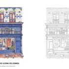 Text: „Stil ist die Kleidung der Gedanken.“ Illustration eines Geschäfts mit blauer Fassade und Schaufenster.