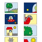 Text: "Auf der rechten Seite siehst du Ausschnitte aus den Bildern auf der linken Seite. Kannst du zuordnen, welcher Ausschnitt zu welchem Bild gehört?" Links ein Baum, UFO, Haus, Katze; rechts Ausschitte davon.