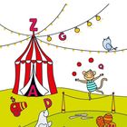 Text "LÖSUNG" und Buchstaben verteilt: Z, G, A, Q, D, W, U. Illustration mit Zirkuszelt, Affe, Robbe und Ballons.