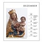 Großer Text "DEZEMBER", Kalenderdaten vom 6. bis 12. Dezember. Skulptur: Krönungsszene mit einer Mutter und einem Kind.