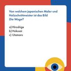 Quizfrage zu einem Werk von Malern: Hiroshige, Hokusai, Utamaro. Farbiges Design mit einem Auge-Logo.