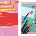 MINI-NOTIZ-BUCH AUS KLEINEN BILDERBÜCHERN. Materialien: 1. weißes Papier, 2. kleine Bilderbücher. Bunte Stifte und ein kleines Buch.