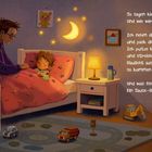 Ein Elternteil sitzt am Bett eines schlafenden Kindes, umgeben von Kuscheltieren und Spielzeug, mit sanfter Beleuchtung.