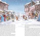 Text über einen mittelalterlichen Weihnachtsmarkt; Illustration zeigt Menschen im Schnee, die einkaufen und interagieren.