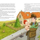 Illustration eines Mannes mit Brille und Hut, der ein kleines, grünes Wesen hält. Haus im Hintergrund, Bäume und Tiere.