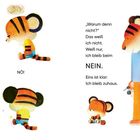 Zwei erwachsene Tiger in bunten Outfits mit Einkaufstaschen; ein kleiner Tiger will nicht gehen und bleibt zuhause.