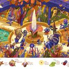 Wie viele blaue Schmetterlinge kannst du zählen? Bunte Tiere und Pflanzen in einem fantasievollen, abstrakten Garten.