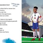 1. Ein besonderer Anruf. Leistung zahlt sich aus! Illustration: Ein Fußballer im Stadion mit roter Kapitänsbinde.