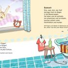 Text: "Badezeit", "Guten Morgen!" Kind in Badewanne, Wecker am Fenster, bunte Fliesen, Spielzeugente, Handtuch, Duschkopf.