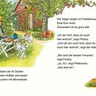 Texte: „Die Vögel singen...“ Illustration: Ein Mann und eine Katze essen im Garten, umgeben von Hühnern und einem Apfelbaum.