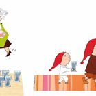 Zwei Figuren mit roten Mützen tragen Gläser. Eine ältere Dame im grünen Kleid hält einen Kerzenständer.