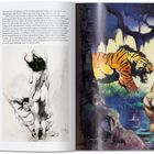 Links: Text über die Bedeutung von Frank Frazettas Kunst. Rechts: Illustration eines Tigers, der eine Frau in einem Dschungel bedroht.
