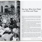 Linke Seite: Schwarz-Weiß-Foto von einer Menschenmenge vor einem Gebäude.
Rechte Seite: Titel "The Guy Who Got Fidel—on Film and Tape", gefolgt von einem Textbeginn.