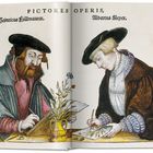 „Pictores Operis, Heinricus Küllmaurer, Albertus Meyer.” Zwei Männer zeichnen Blumen. Historische Illustration.