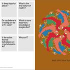 Neun Fragen zu Frieden, Kunst, Realität und Identität. Rechts eine bunte Illustration mit Armen und Händen, 1983–1993 New York.