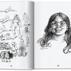 Texte: "July 1965". Links: Skizzen mit Tieren und Menschen. Rechts: Frau mit Brille und langen Haaren, detailliert gezeichnet.