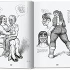 Illustration: Links eine muskulöse Person hält einen älteren Mann auf dem Schoß. Rechts eine Frau in sportlicher Kleidung.