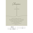 "Chosen" steht oben. Text beschreibt Gottes Erwählung in Epheser 1,4-5. Unten Kalender mit Zahlen und "drei".