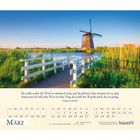 "Du weißt, woher der Wind so stürmisch weht..." Gedicht über Kalender mit März-Daten. Bild zeigt eine Brücke zu einer Windmühle.