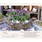 Kalender für März mit violetten Blumen in einem Korb. Text: "Nach der Stille... Aufbruch..." von Monika Bleier.