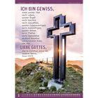 „Ich bin gewiss, dass weder Tod noch Leben...“ steht in lila Schrift. Ein modernes Kreuz auf einem Berg bei Sonnenuntergang.