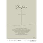 "Chosen" steht oben. Darunter ein Kreuz aus einer Linie gezeichnet. Bibelvers Epheser 1,4. Monatskalender unten.