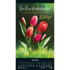 "Der Herr ist auferstanden! Er ist wahrhaftig auferstanden! Halleluja!" März Kalender mit roten Tulpen auf grünem Hintergrund.