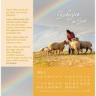 Zitat von Kurt Rommel über Gottes Nähe. Titel "Geborgen in Gott". Kalender für März. Frau mit Schafen auf einer Wiese. Regenbogen im Hintergrund.
