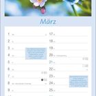 "März" steht in der Mitte über einem Kalender. Ein Marienkäfer sitzt auf blauen Vergissmeinnicht-Blüten.