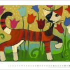 Text: März. Illustration einer bunt gemusterten Katze zwischen farbigen Tulpen.